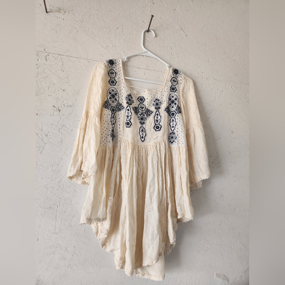 Free People Cream Tunic with Navy Embroidery